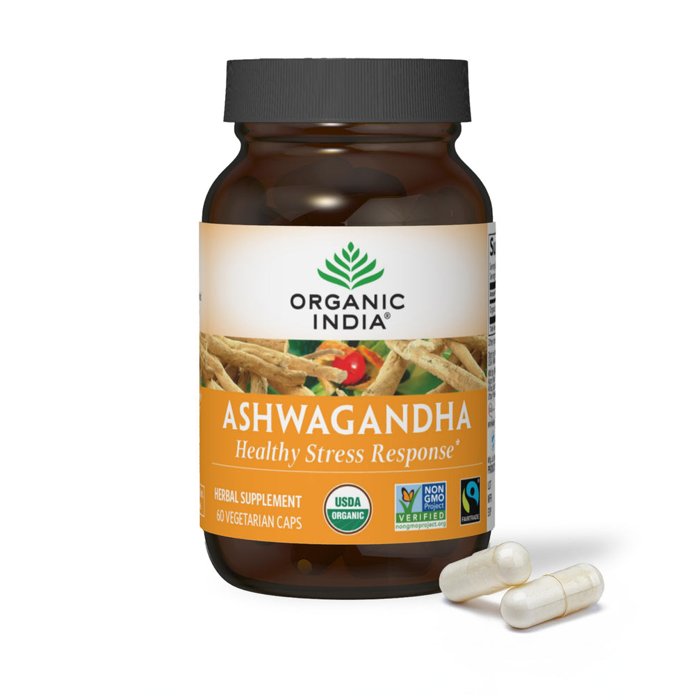 ORGANIC INDIA envase frontal mostrando la marca y beneficios visible