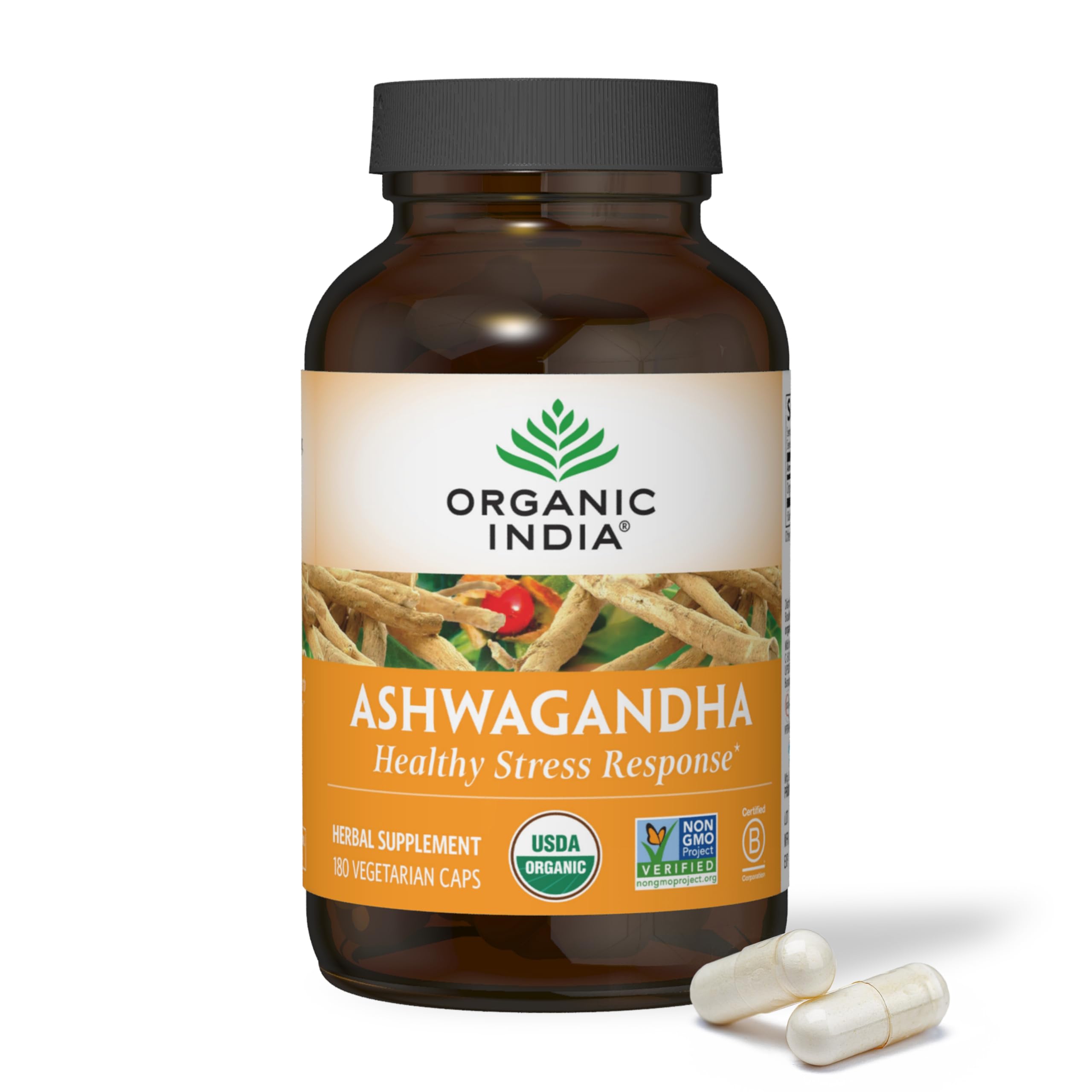 ORGANIC INDIA caja frontal mostrando 180 cápsulas y beneficios