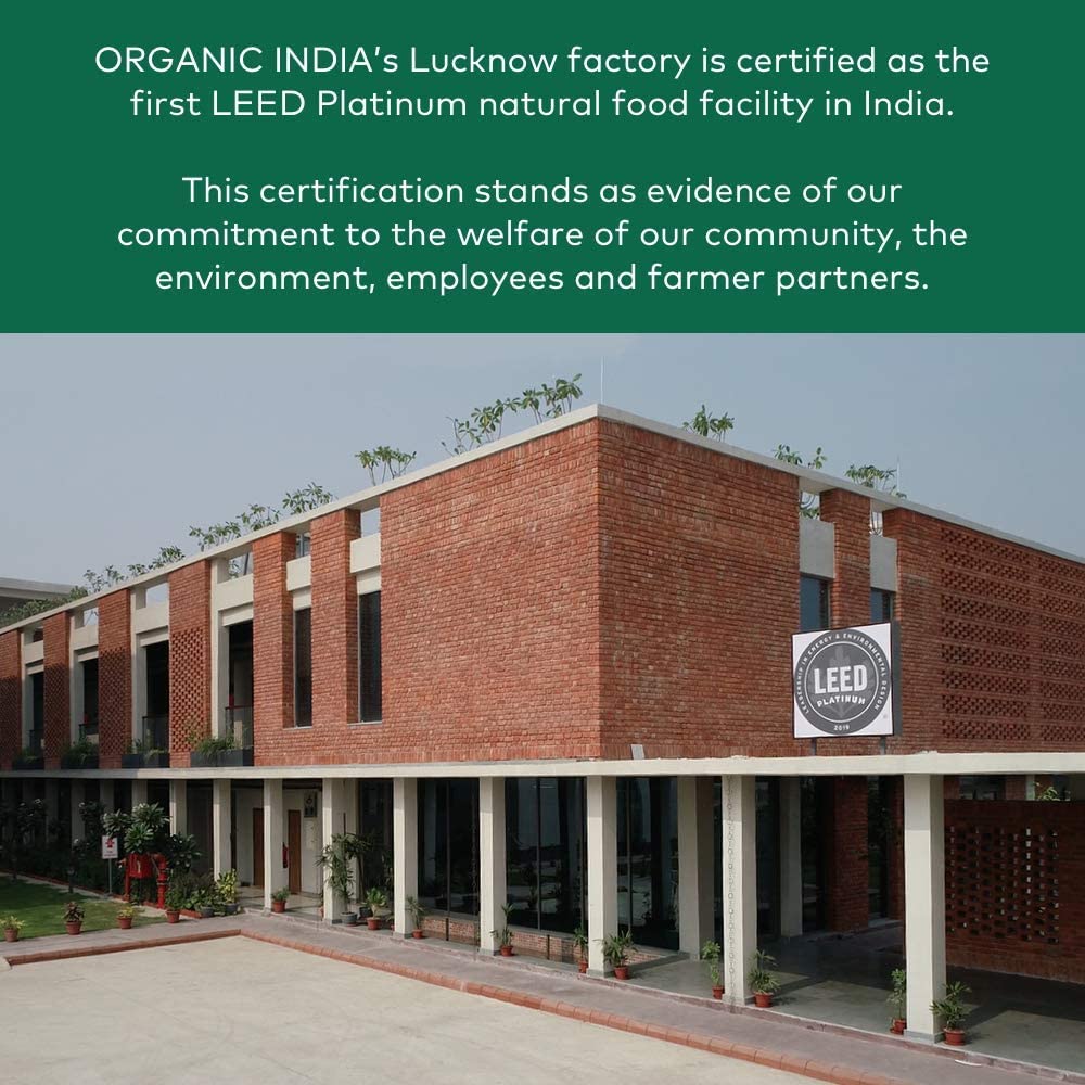 ORGANIC INDIA comparación de tamaño junto a mano para referencia clara