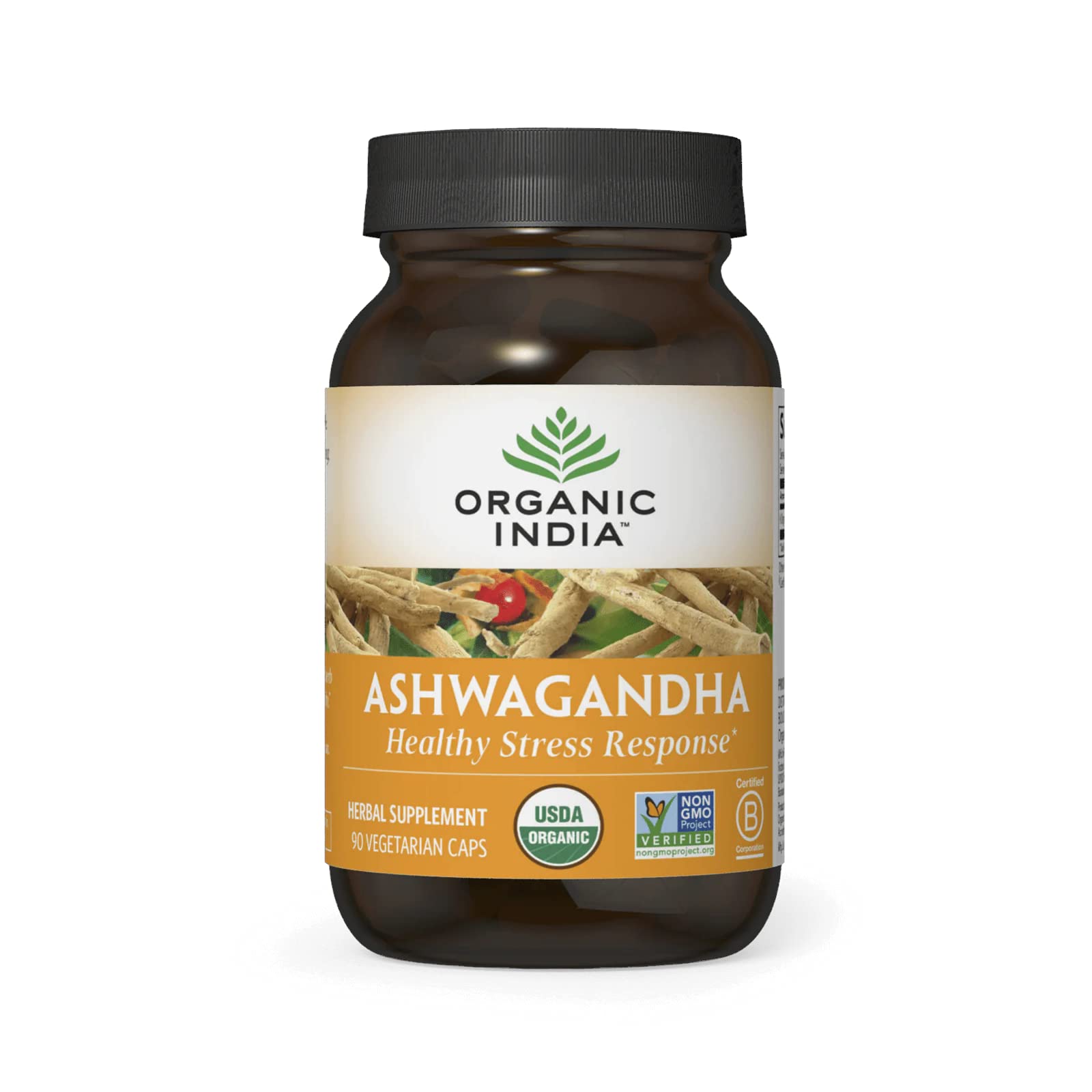 ORGANIC INDIA frasco delantero mostrando etiqueta y beneficios