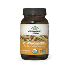 ORGANIC INDIA frasco delantero mostrando etiqueta y beneficios