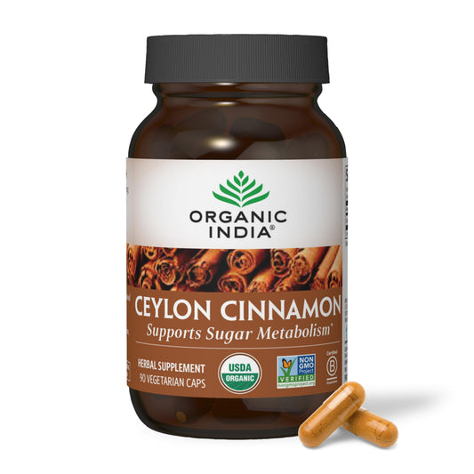 ORGANIC INDIA envase frontal de canela de Ceilán mostrando sello orgánico y 90 cápsulas