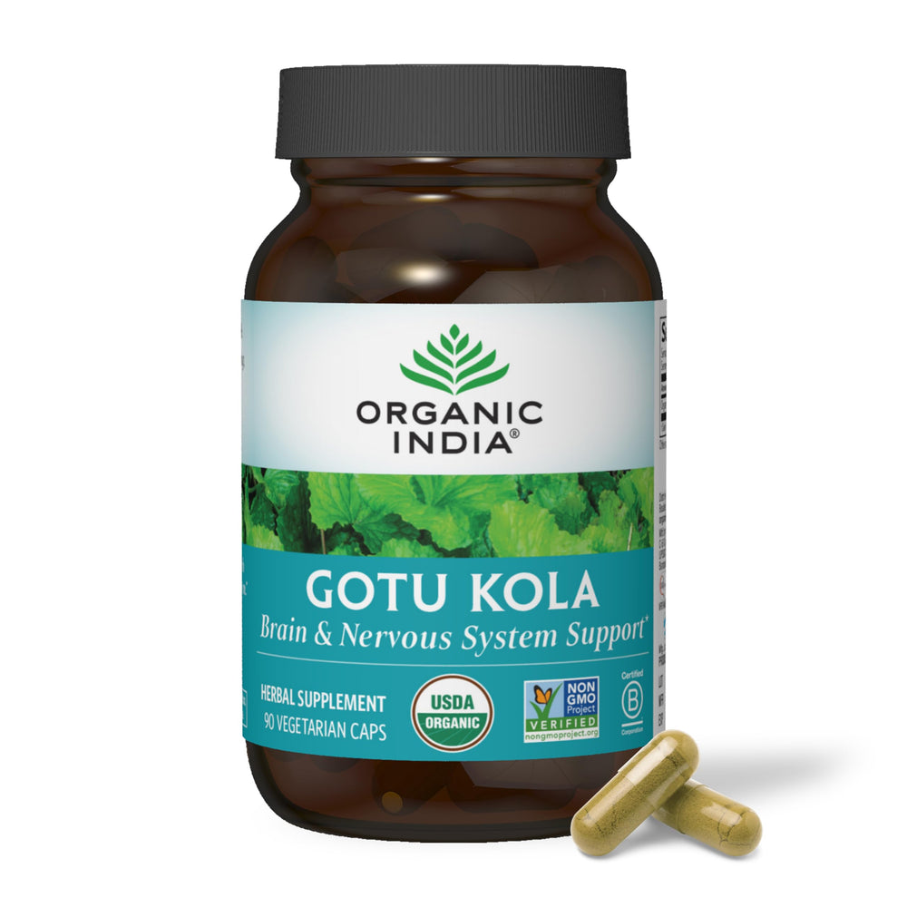 ORGANIC INDIA envase frontal mostrando 90 cápsulas y certificaciones orgánicas