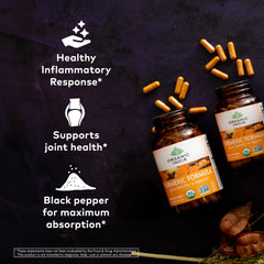 ORGANIC INDIA cúrcuma, pimienta y jengibre como ingredientes visuales de calidad