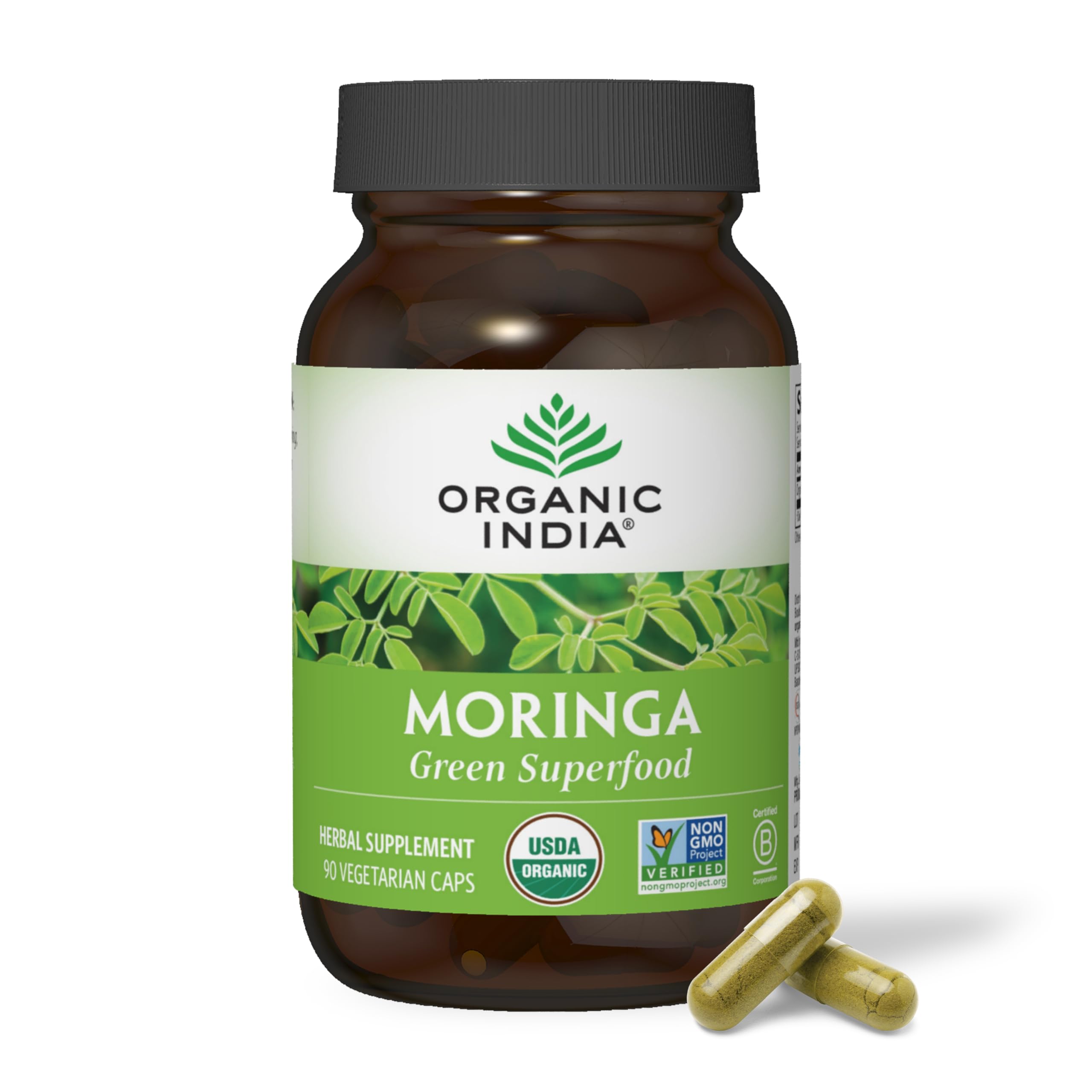 ORGANIC INDIA envase frontal mostrando diseño y cantidad 90 cápsulas beneficiando la conveniencia