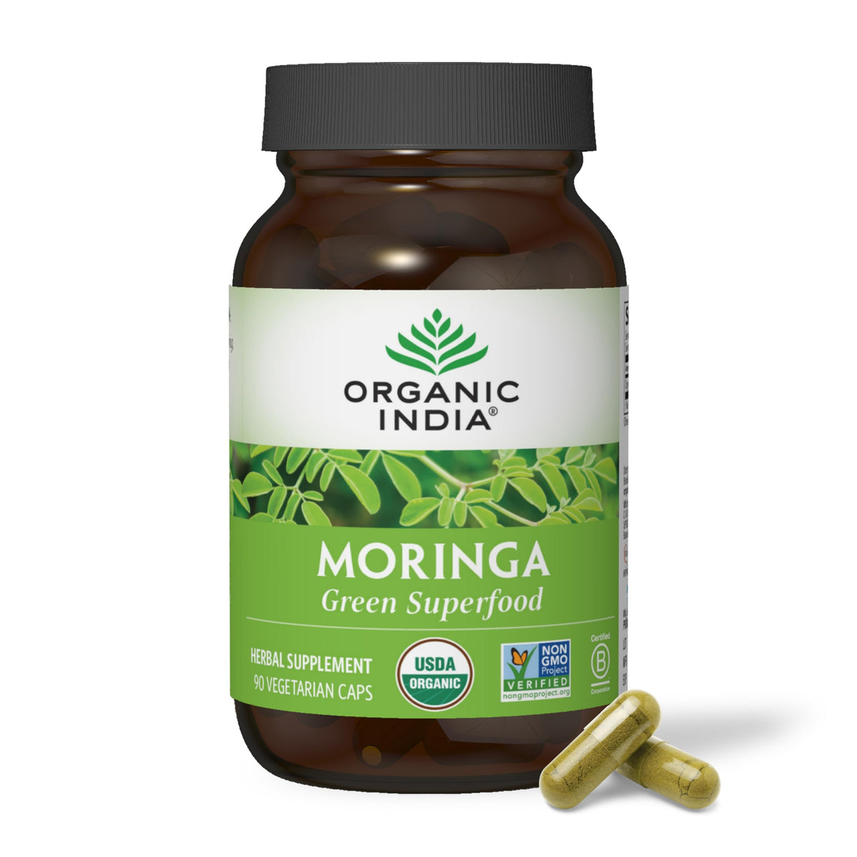 ORGANIC INDIA envase frontal mostrando diseño y cantidad 90 cápsulas beneficiando la conveniencia