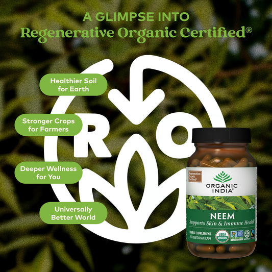 ORGANIC INDIA envase cerrado con sello USDA Organic y lista de ingredientes