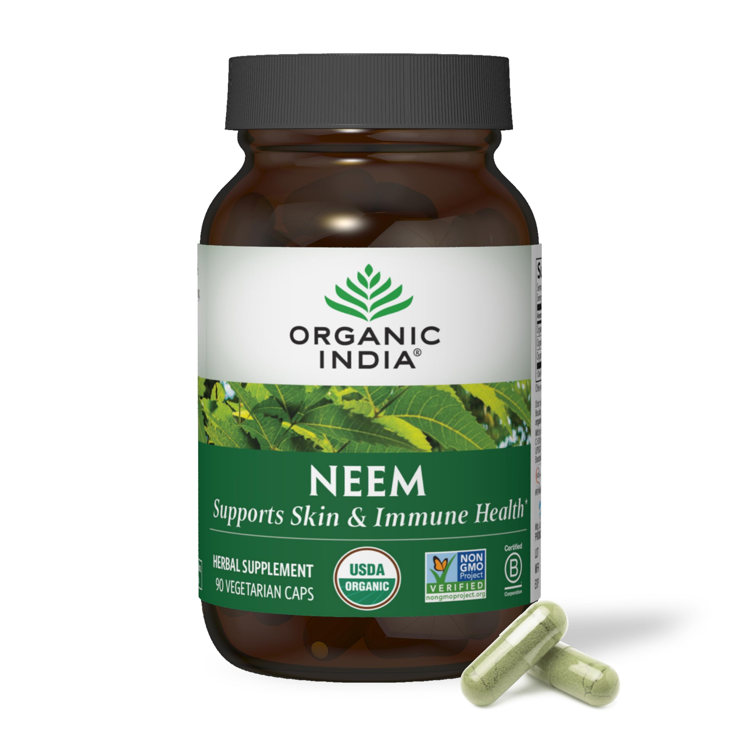 ORGANIC INDIA frasco de Neem Leaf Capsules mostrando etiqueta y beneficios