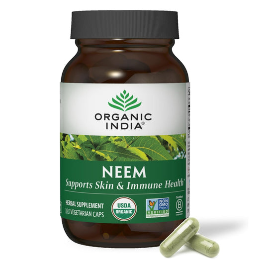 ORGANIC INDIA frasco frontal mostrando 180 cápsulas, conveniencia y suplemento orgánico