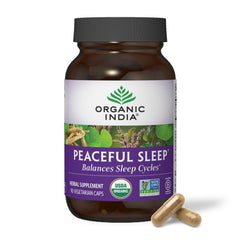 ORGANIC INDIA caja frontal mostrando 90 cápsulas y beneficio relajación