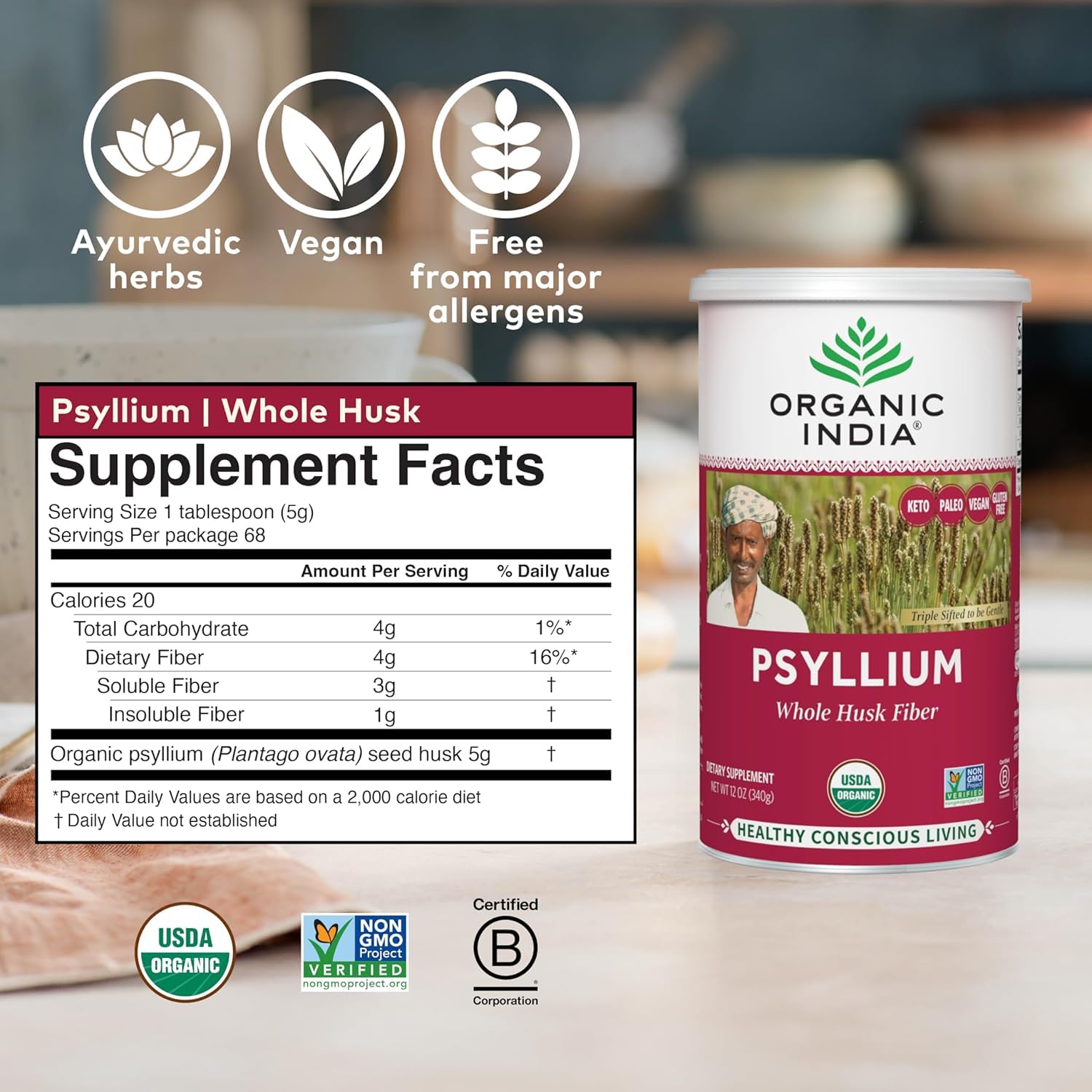 Etiqueta nutricional de ORGANIC INDIA Whole Psyllium mostrando ingredientes y pureza