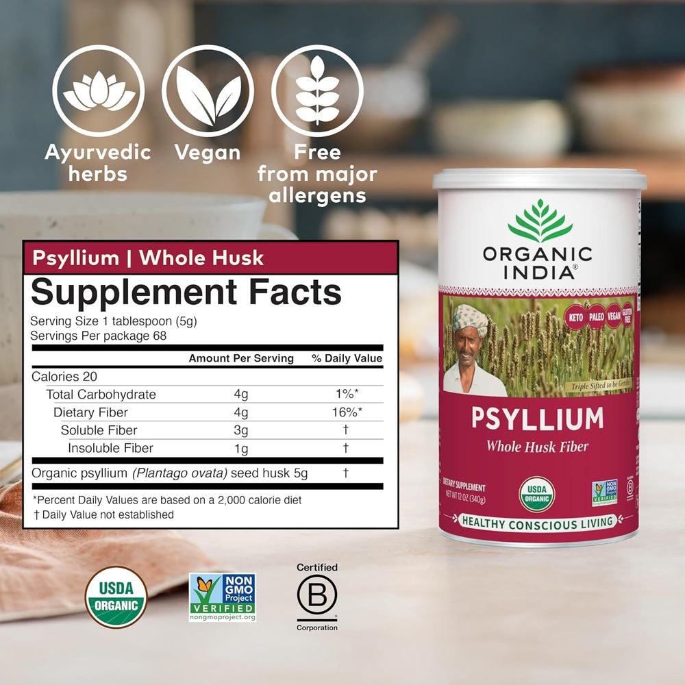 Etiqueta nutricional de ORGANIC INDIA Whole Psyllium mostrando ingredientes y pureza