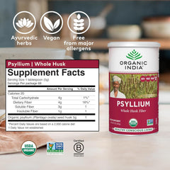 Etiqueta nutricional de ORGANIC INDIA Whole Psyllium mostrando ingredientes y pureza