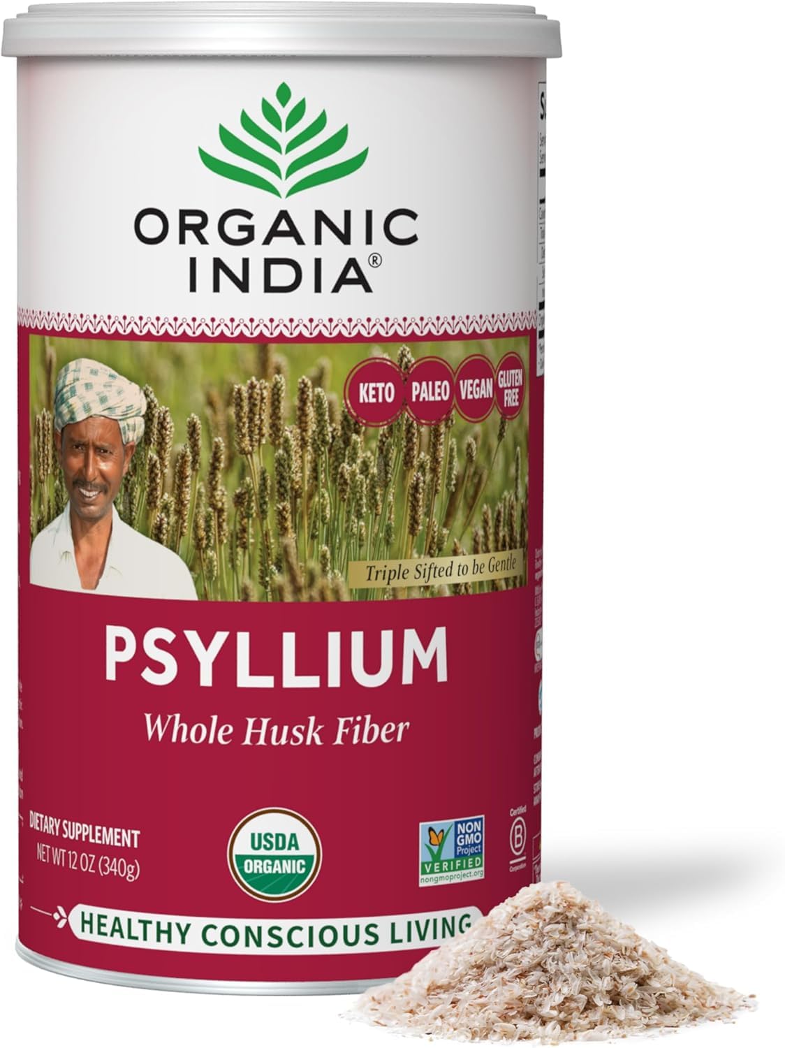 ORGANIC INDIA envase frontal de psyllium mostrando empaquetado orgánico y beneficios claros
