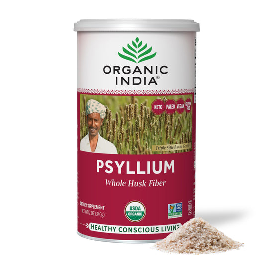 Organic India Psyllium Whole Husk bottle; gentle bulk-forming fiber for regularity.