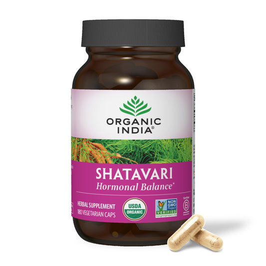 ORGANIC INDIA frasco frontal mostrando 180 cápsulas y beneficios