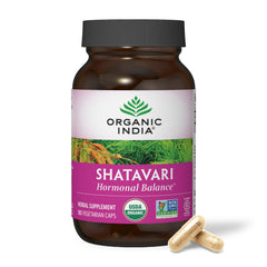ORGANIC INDIA frasco frontal mostrando 180 cápsulas y beneficios