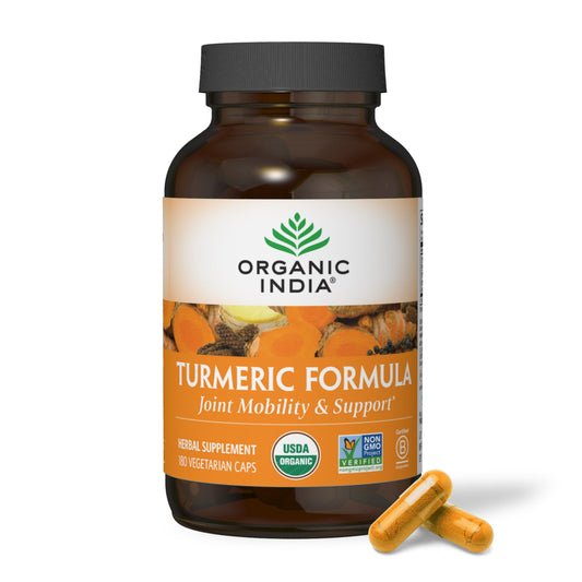 ORGANIC INDIA frasco frontal mostrando etiqueta clara y origen