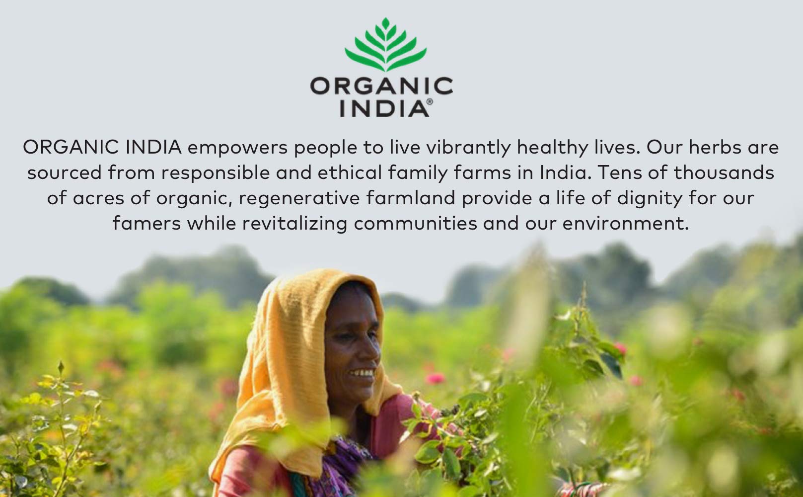 ORGANIC INDIA etiqueta con certificaciones orgánicas y LEED, garantía de sostenibilidad