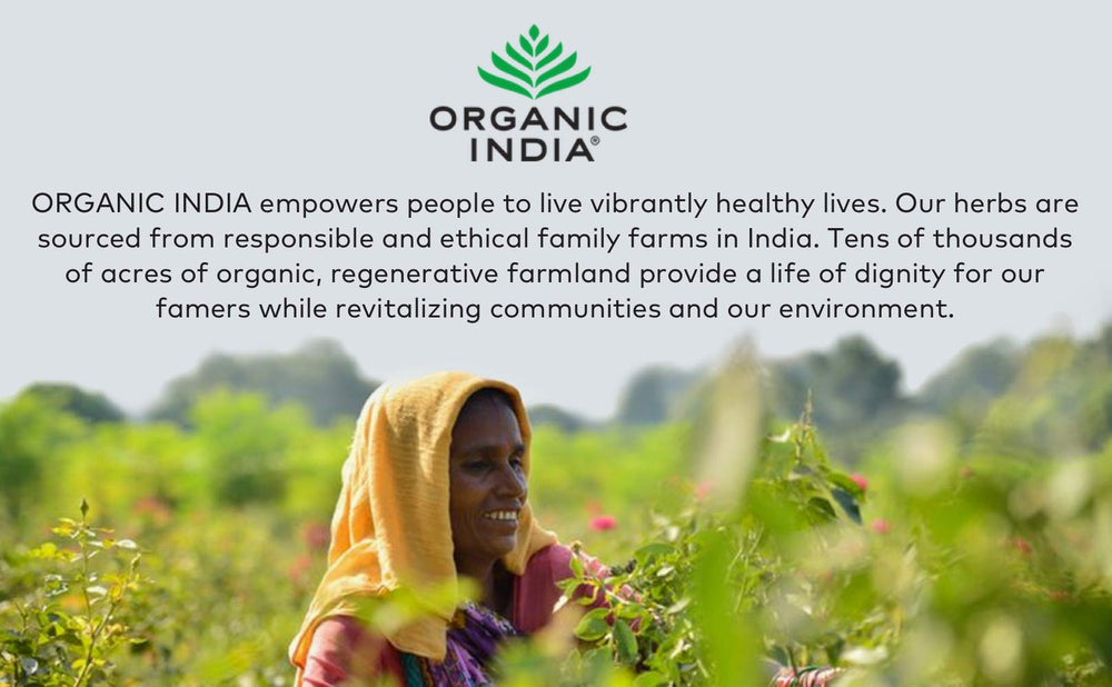 ORGANIC INDIA etiqueta con certificaciones orgánicas y LEED, garantía de sostenibilidad