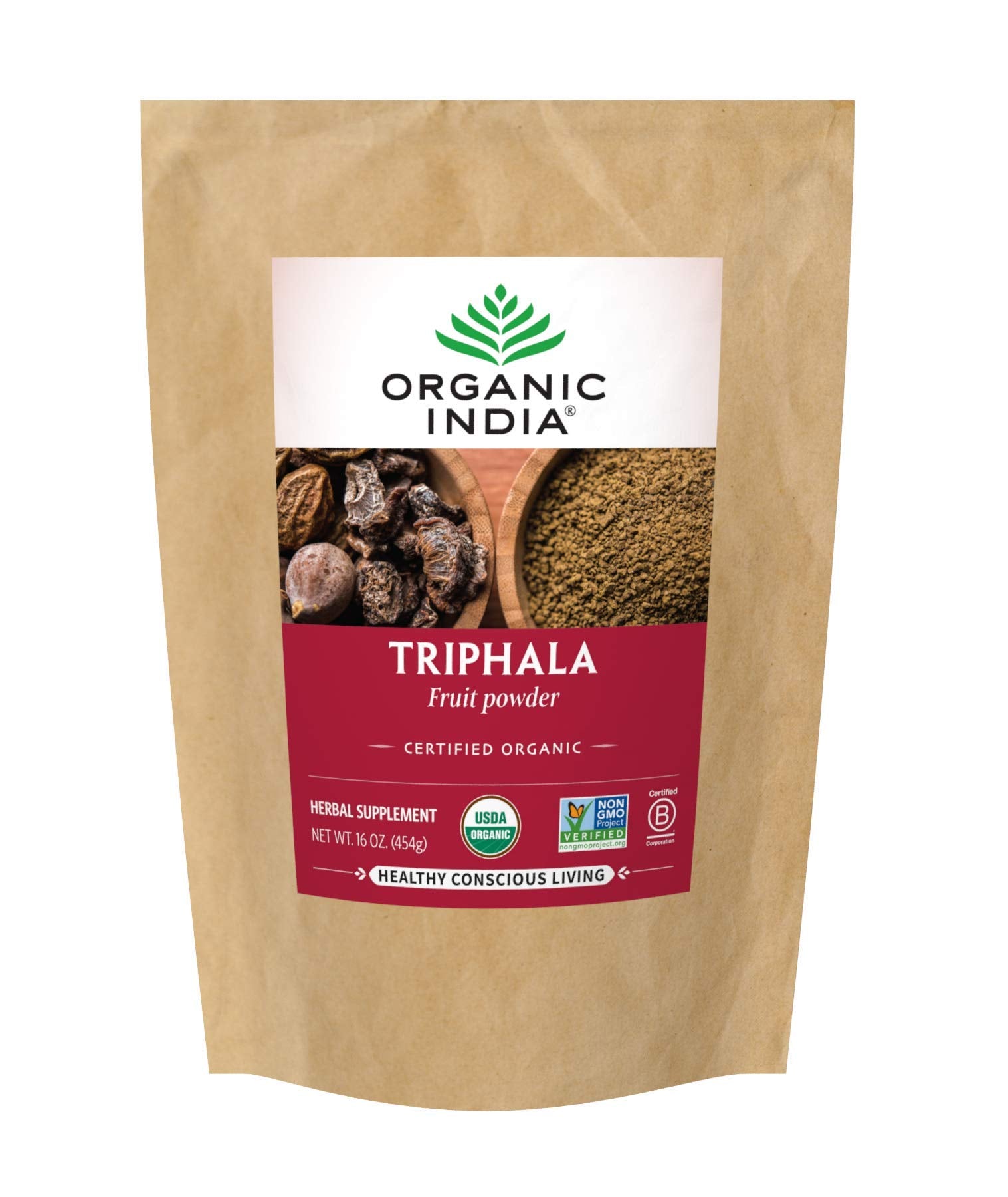 ORGANIC INDIA empaque frontal mostrando el producto y capacidad 1 lb, confianza orgánica