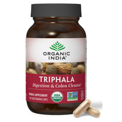 ORGANIC INDIA frasco frontal mostrando diseño y beneficios del producto