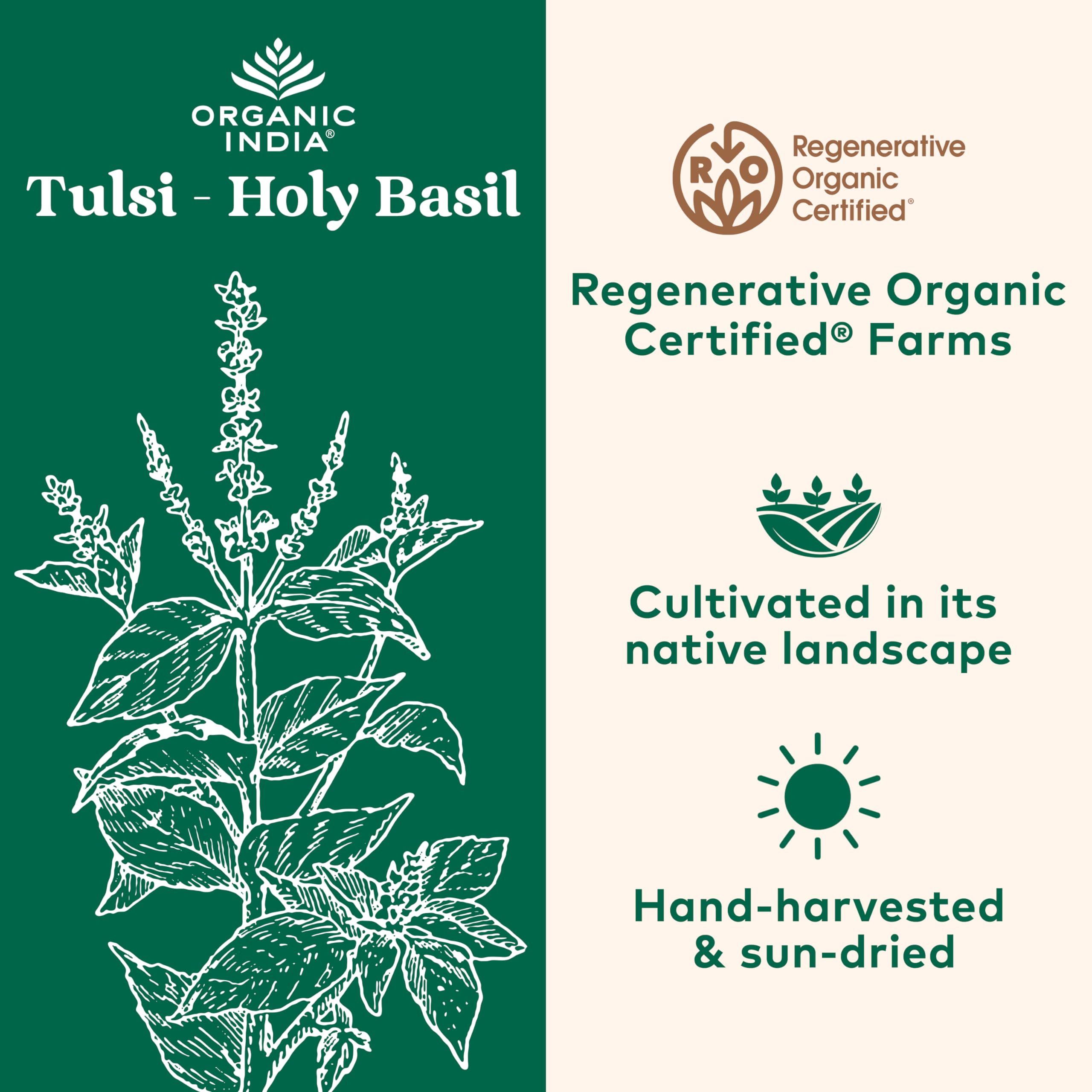 mano sosteniendo una cápsula ORGANIC INDIA para mostrar tamaño y dosificación