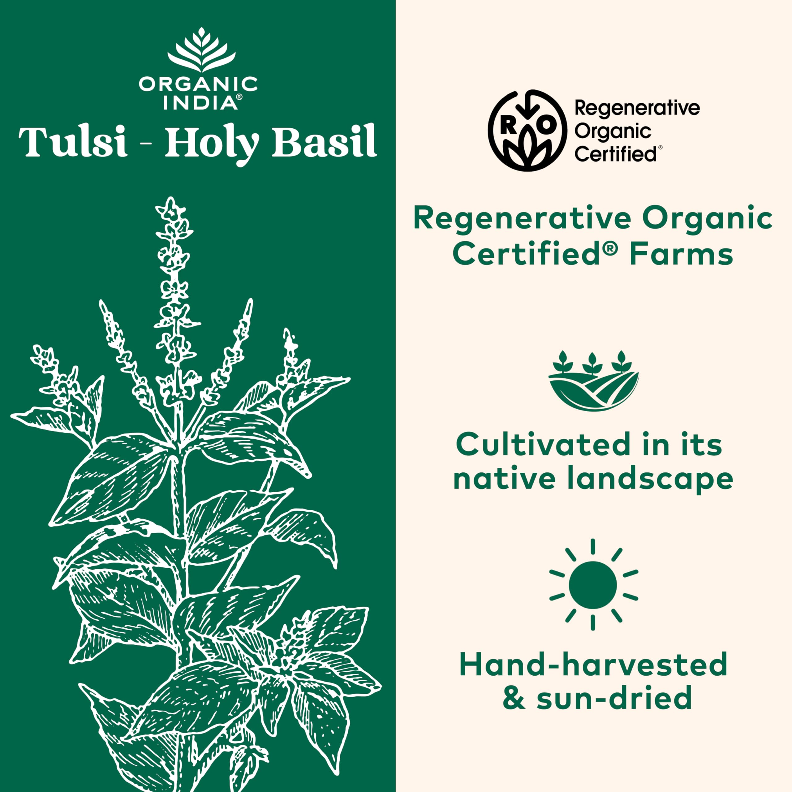 ORGANIC INDIA cápsulas desplegadas que ilustran fácil dosificación