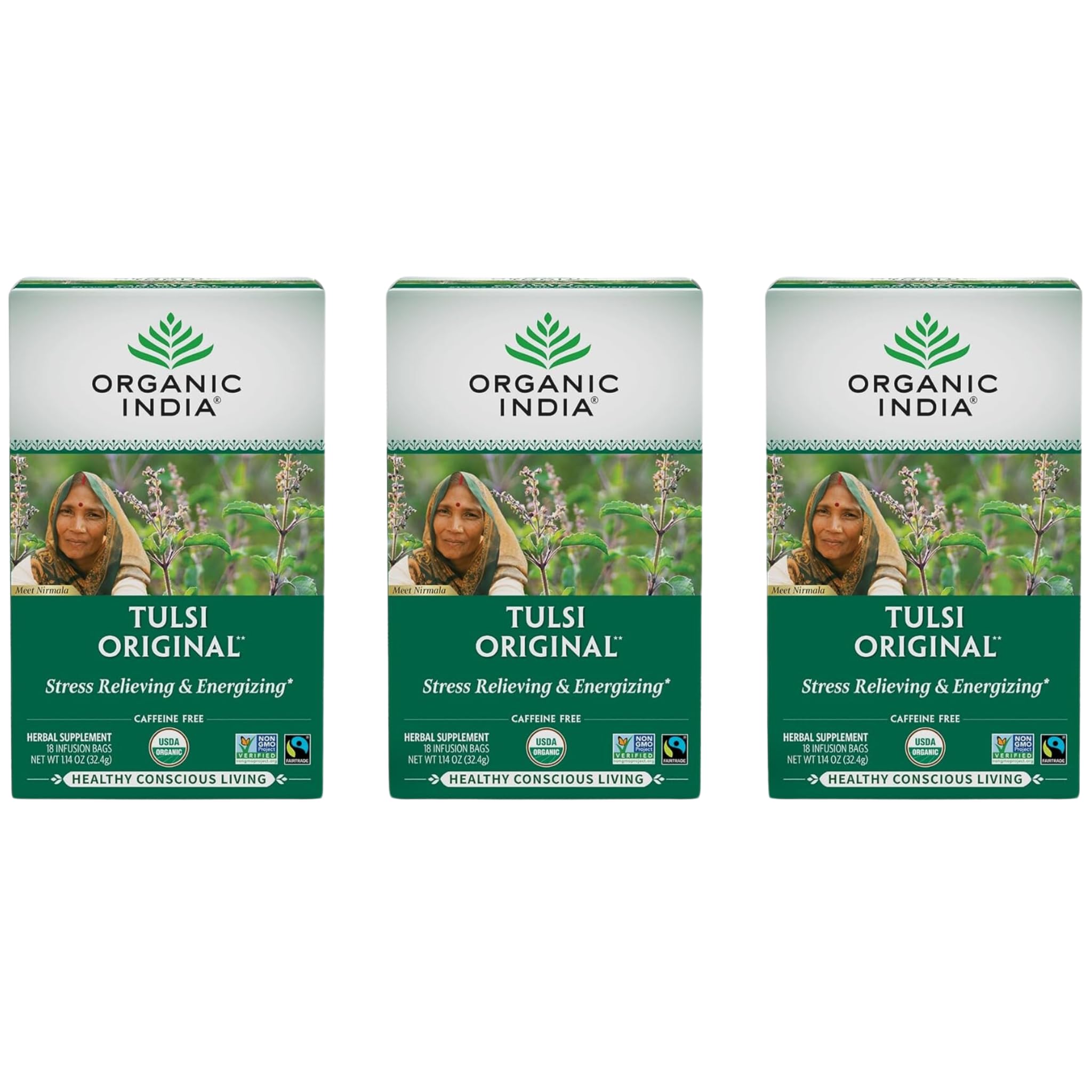 ORGANIC INDIA paquete frontal mostrando 18 bolsitas y beneficios orgánicos