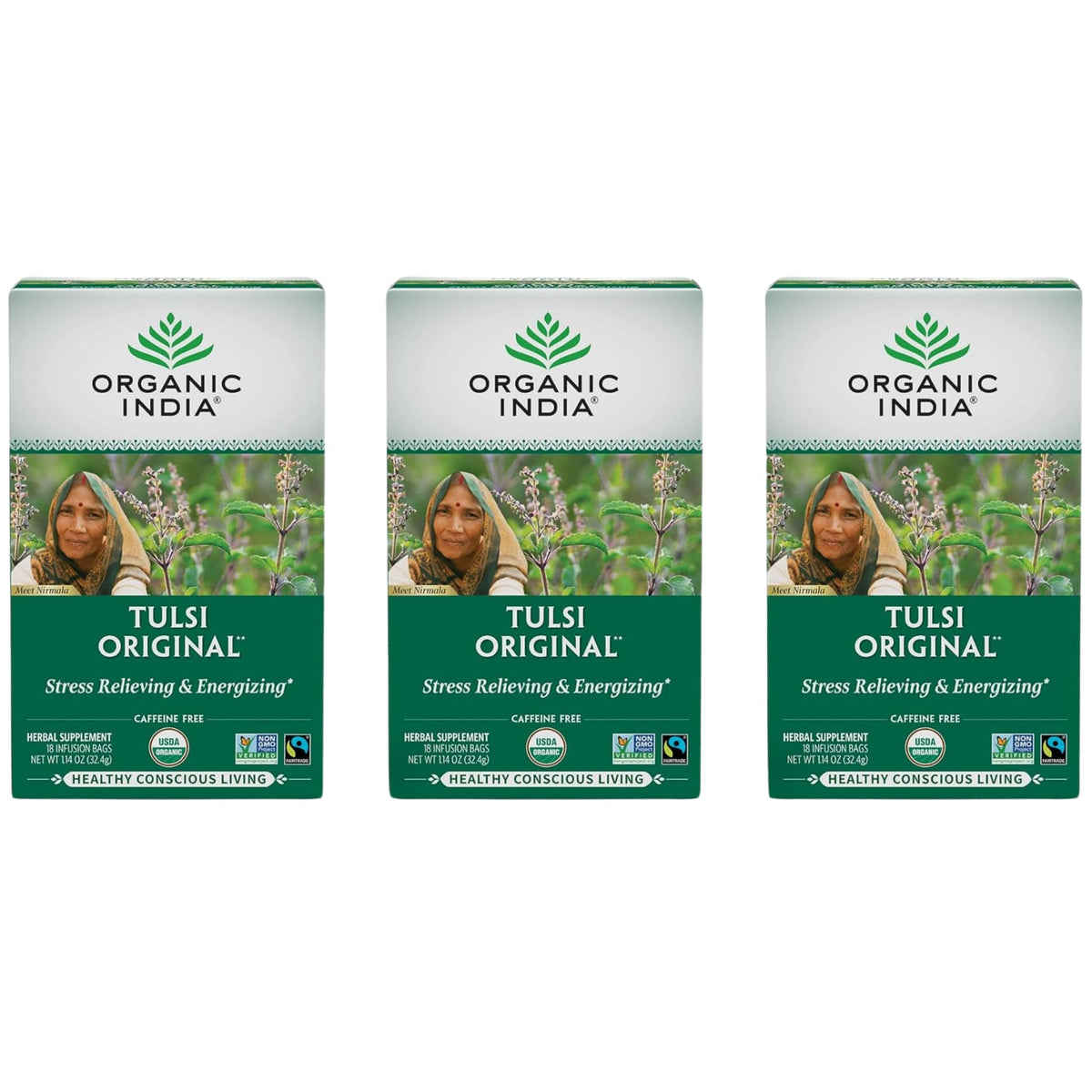 ORGANIC INDIA paquete frontal mostrando 18 bolsitas y beneficios orgánicos