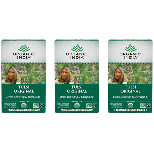 ORGANIC INDIA paquete frontal mostrando 18 bolsitas y beneficios orgánicos