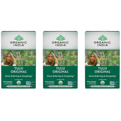 ORGANIC INDIA paquete frontal mostrando 18 bolsitas y beneficios orgánicos