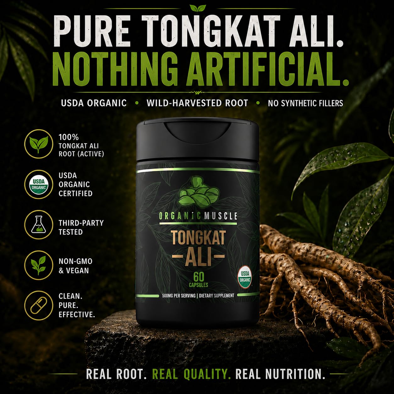 Organic Muscle cápsulas apiladas mostrando pullulan vegano y fácil ingestión