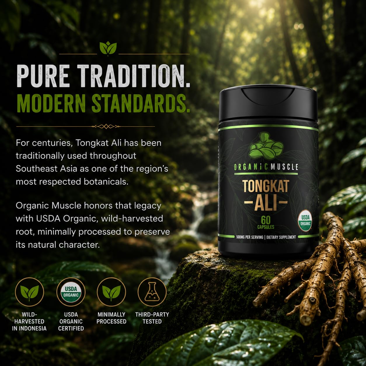 Organic Muscle etiqueta con sellos USDA Organic y prueba de laboratorio verificada