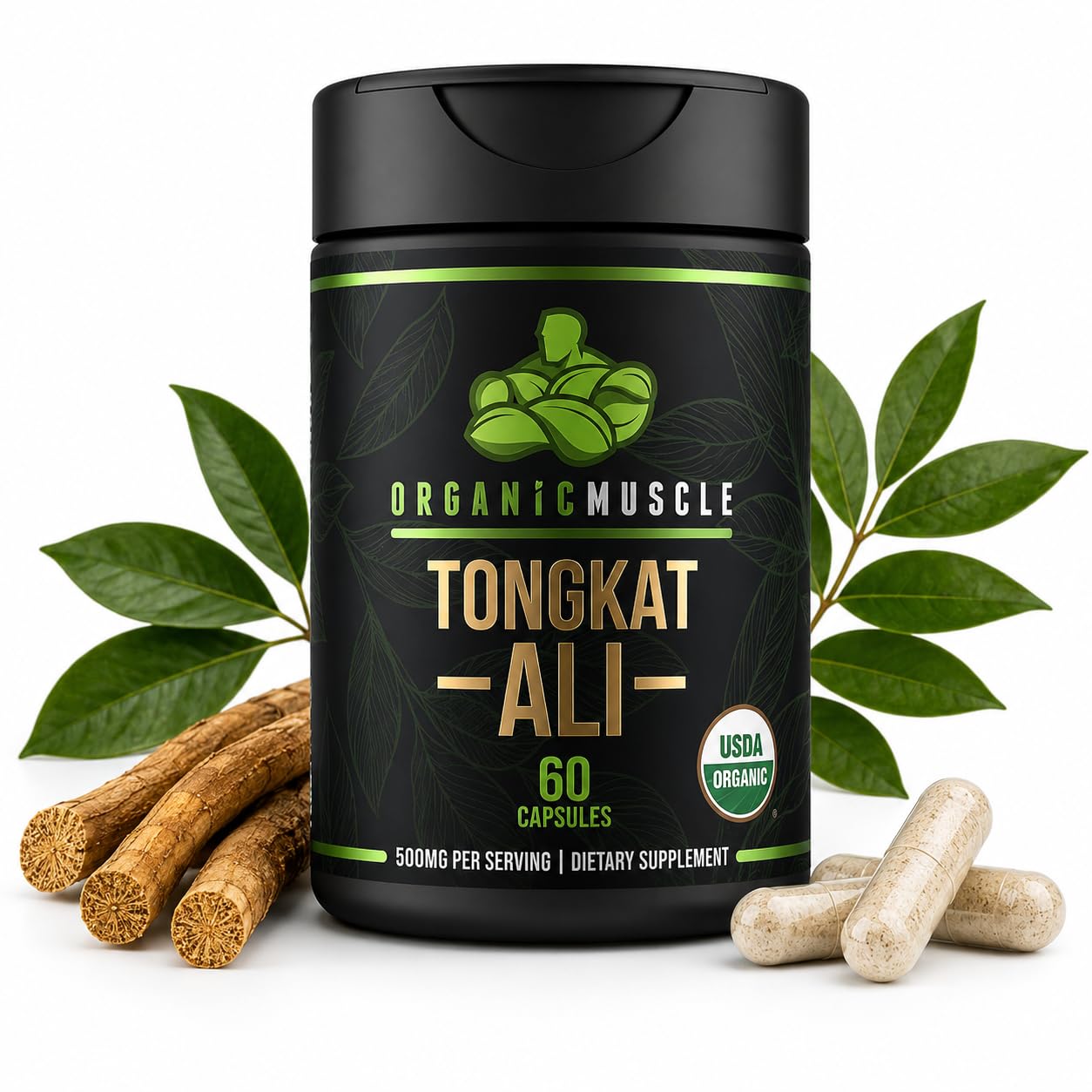 Organic Muscle frasco frontal mostrando diseño y cantidad 60 cápsulas para confianza