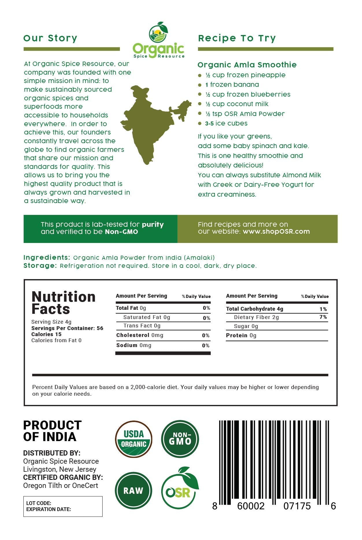 Organic Spice Resource polvo amla mezclado en batido cremoso para uso diario
