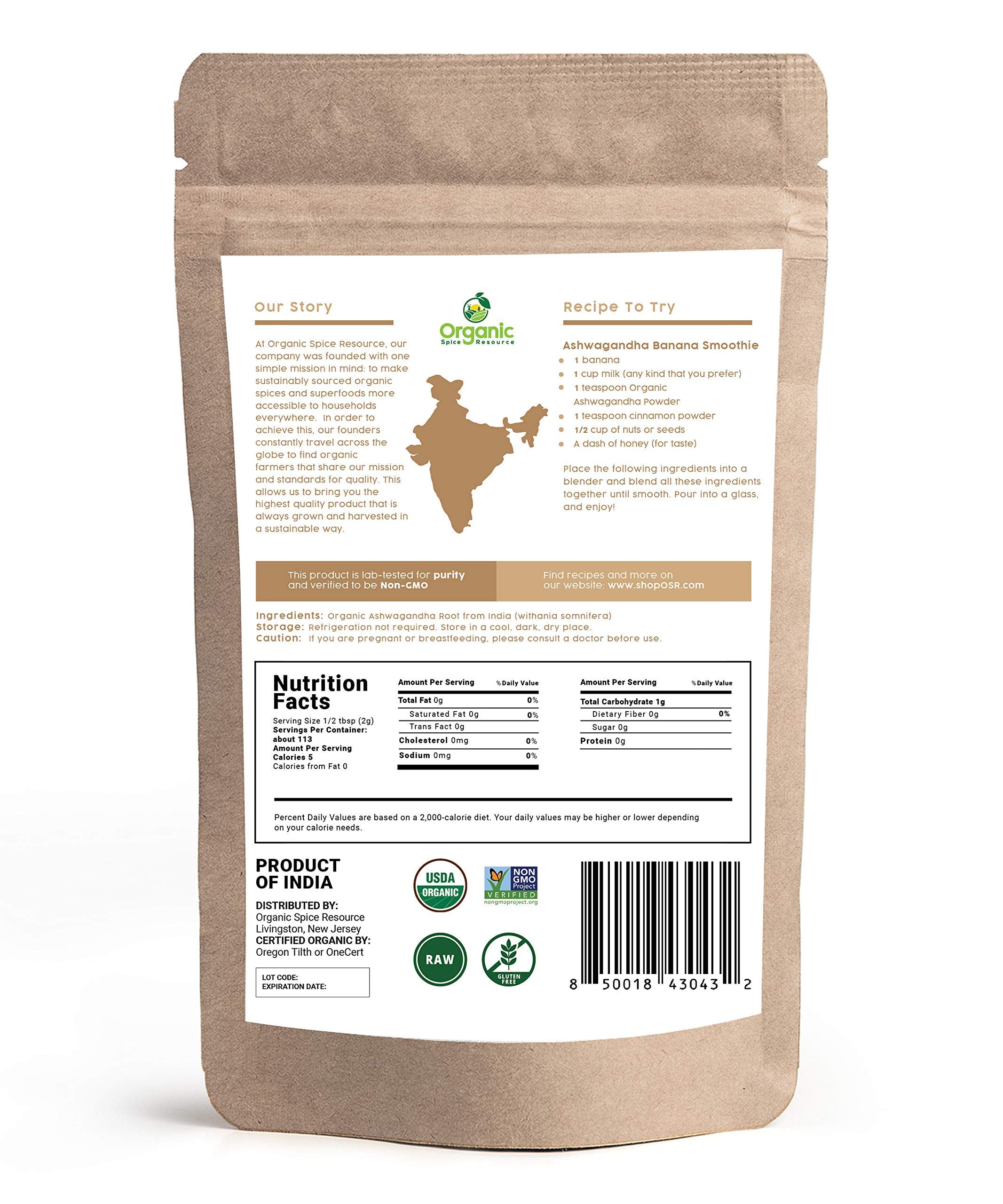 Organic Spice Resource etiqueta con certificación y detalle de análisis de laboratorio para pureza