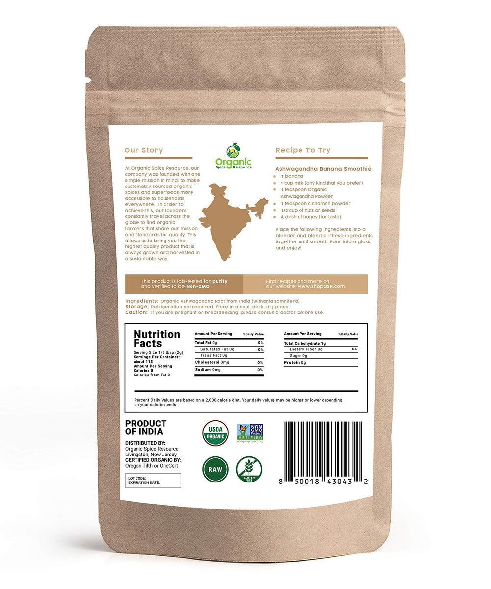 Organic Spice Resource etiqueta con certificación y detalle de análisis de laboratorio para pureza