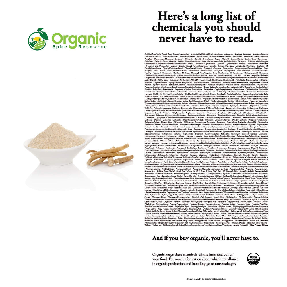 Organic Spice Resource etiqueta con certificaciones Non-GMO y orgánico claridad