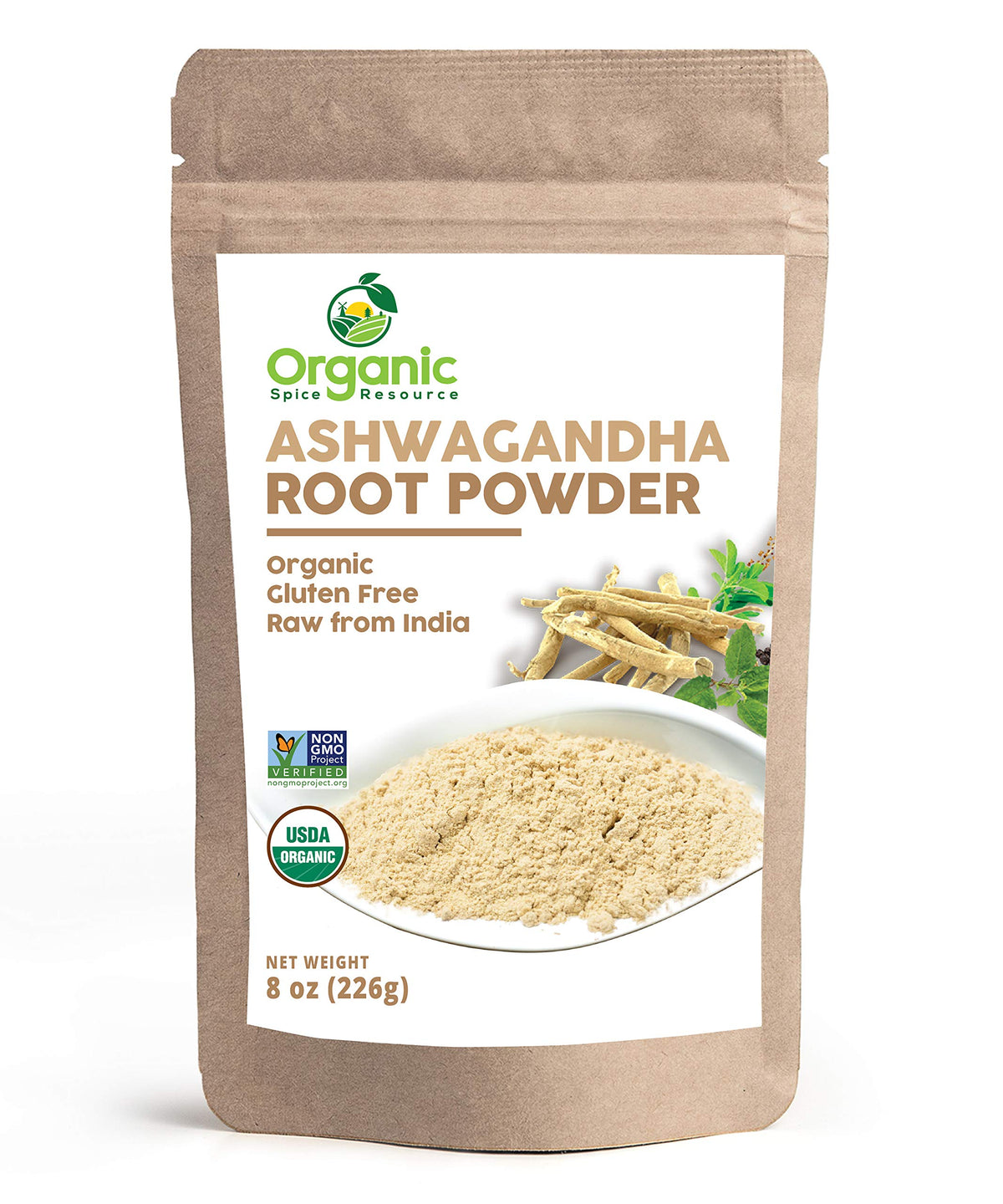 Organic Spice Resource bolsa frontal de ashwagandha orgánica mostrando sello Non-GMO y bolsa resellable