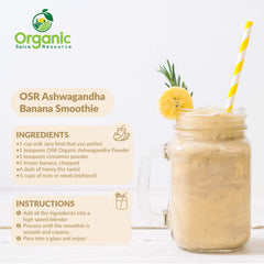 Organic Spice Resource cucharada de ashwagandha junto a la bolsa para comparar tamaño y dosis