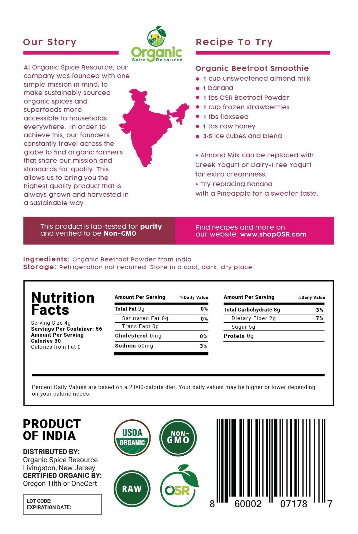Organic Spice Resource polvo junto a remolacha fresca para comparar origen natural
