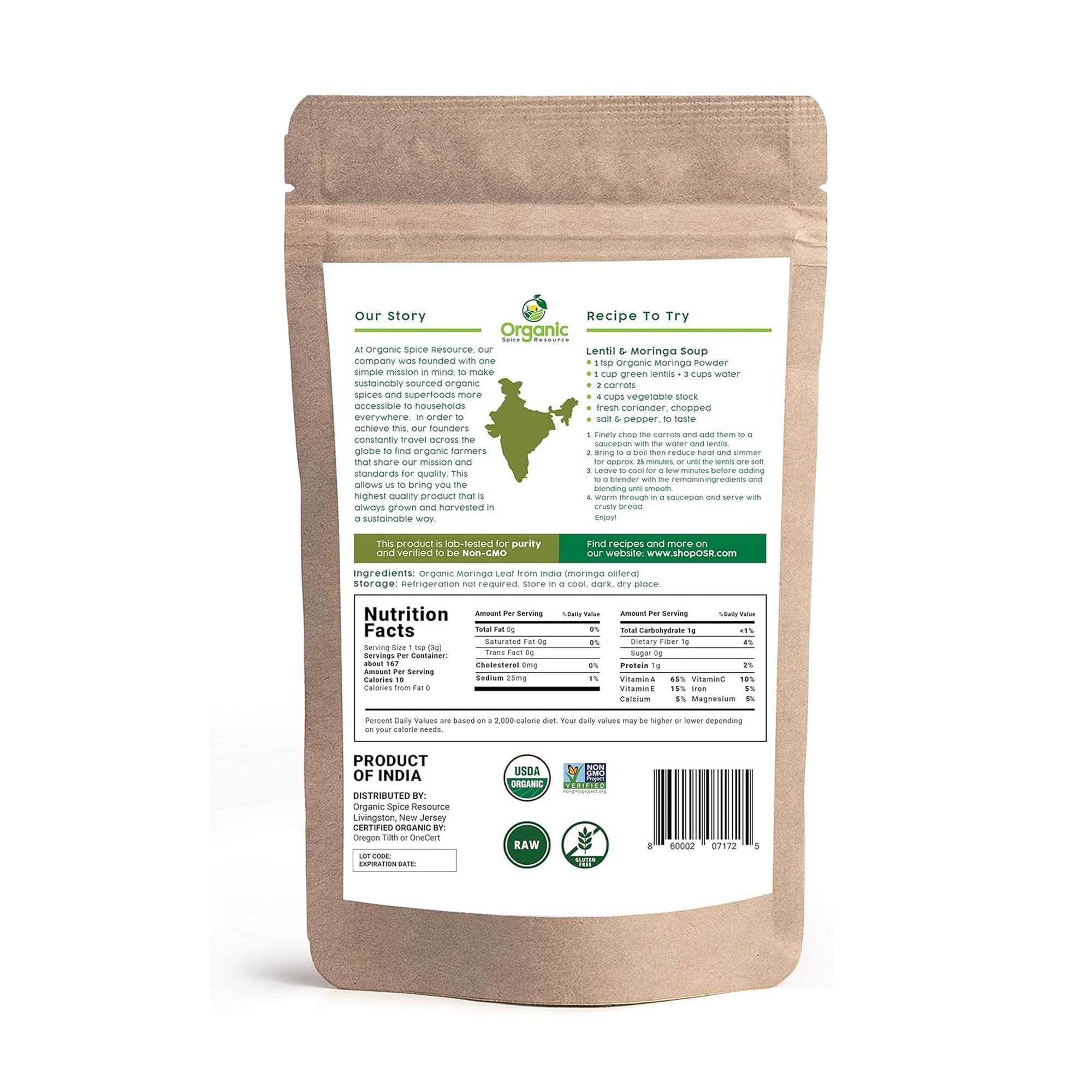 Organic Spice Resource polvo de moringa y cierre resellable preserva frescura