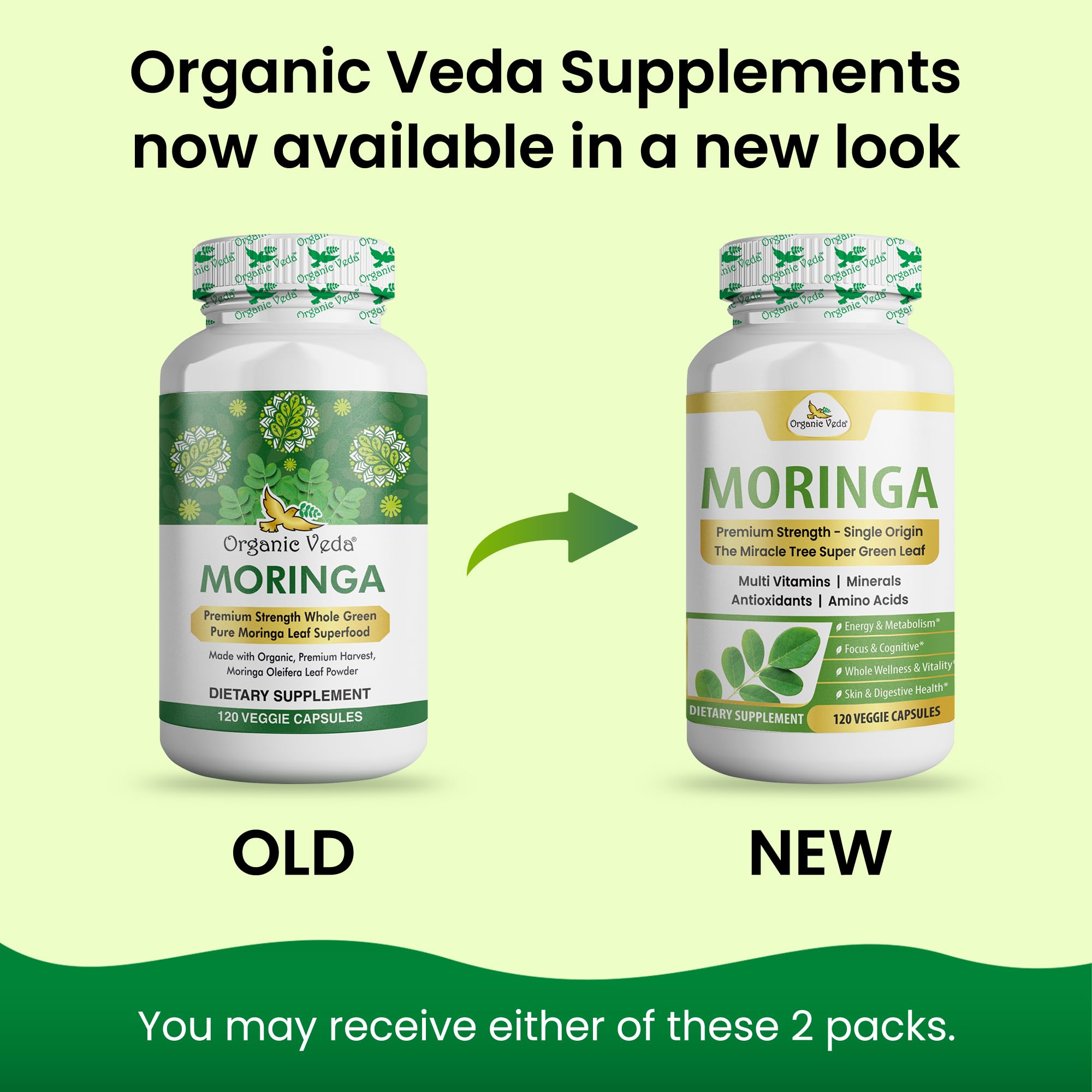 Organic Veda cápsulas en mano mostrando formato vegano y facilidad de toma