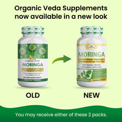 Organic Veda cápsulas en mano mostrando formato vegano y facilidad de toma