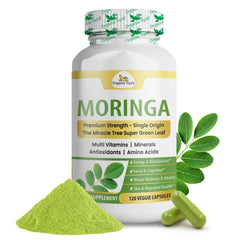 Organic Veda envase frontal de moringa 120 cápsulas, práctico para uso diario
