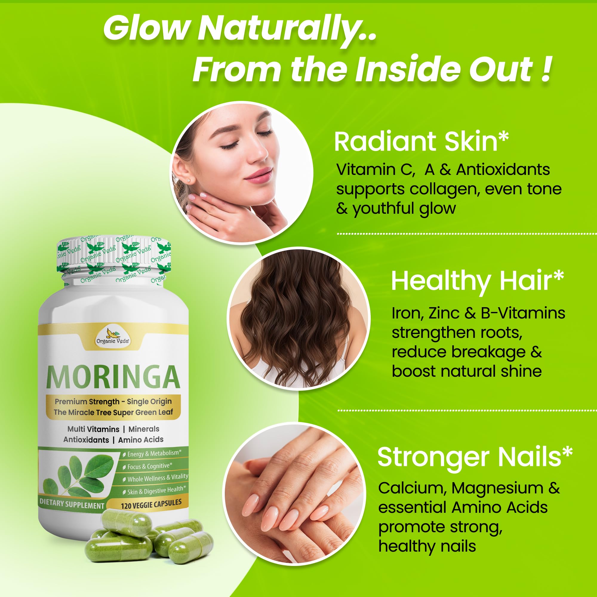 Organic Veda hojas frescas y polvo de moringa juntas destacando origen natural