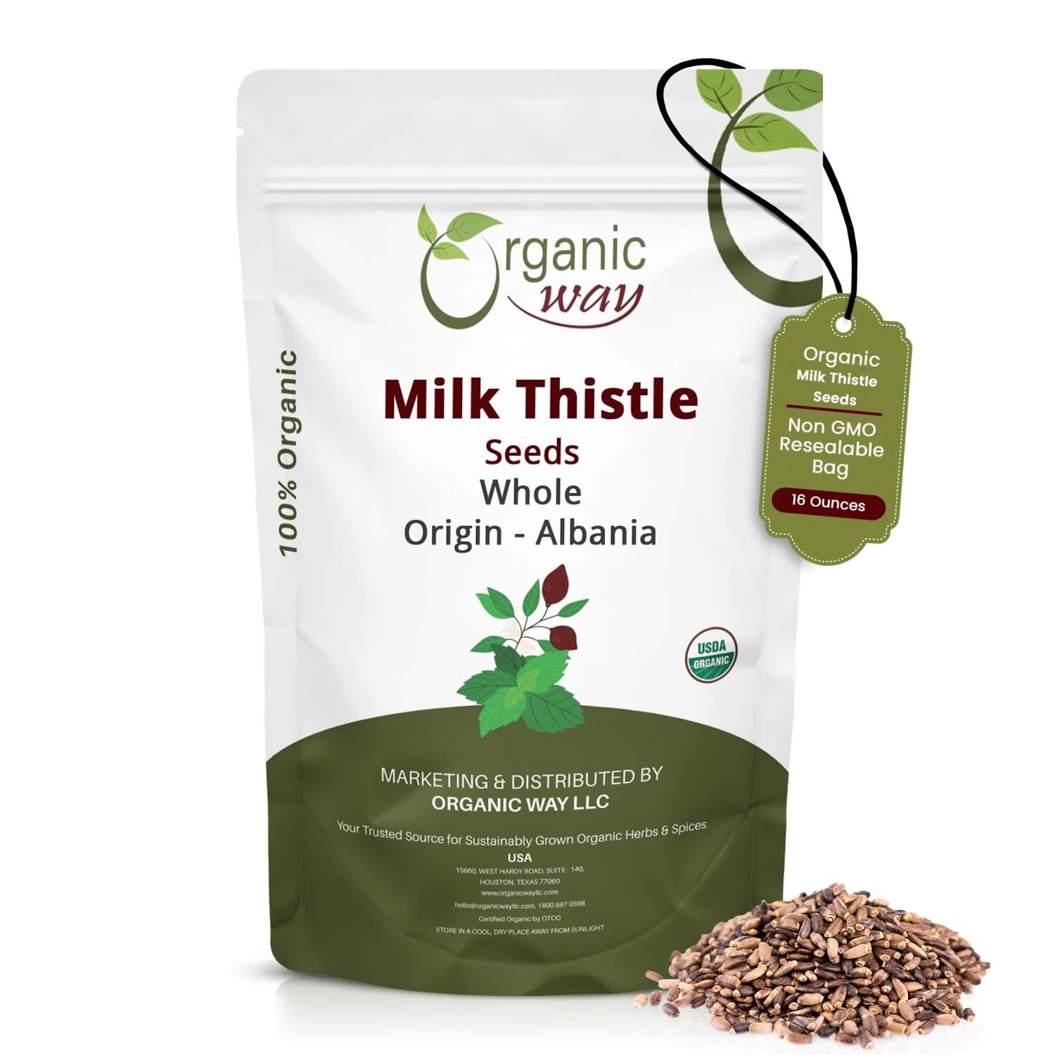 Organic Way paquete frontal 16 oz mostrando el sello y origen Albania, ideal para despensa