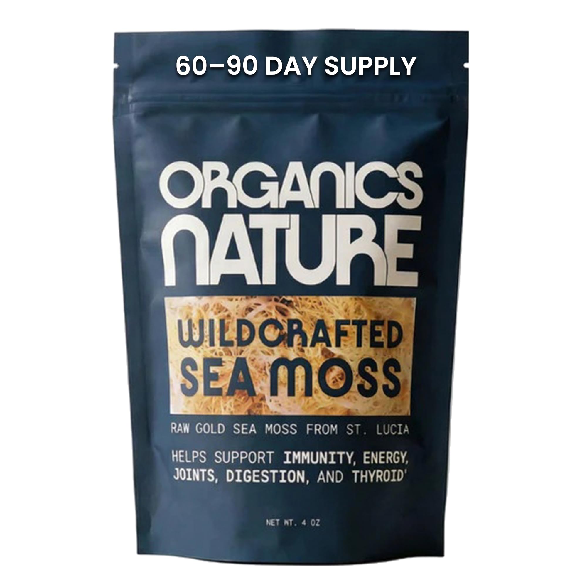 ORGANICS NATURE envase frontal de sea moss muestra producto puro y natural