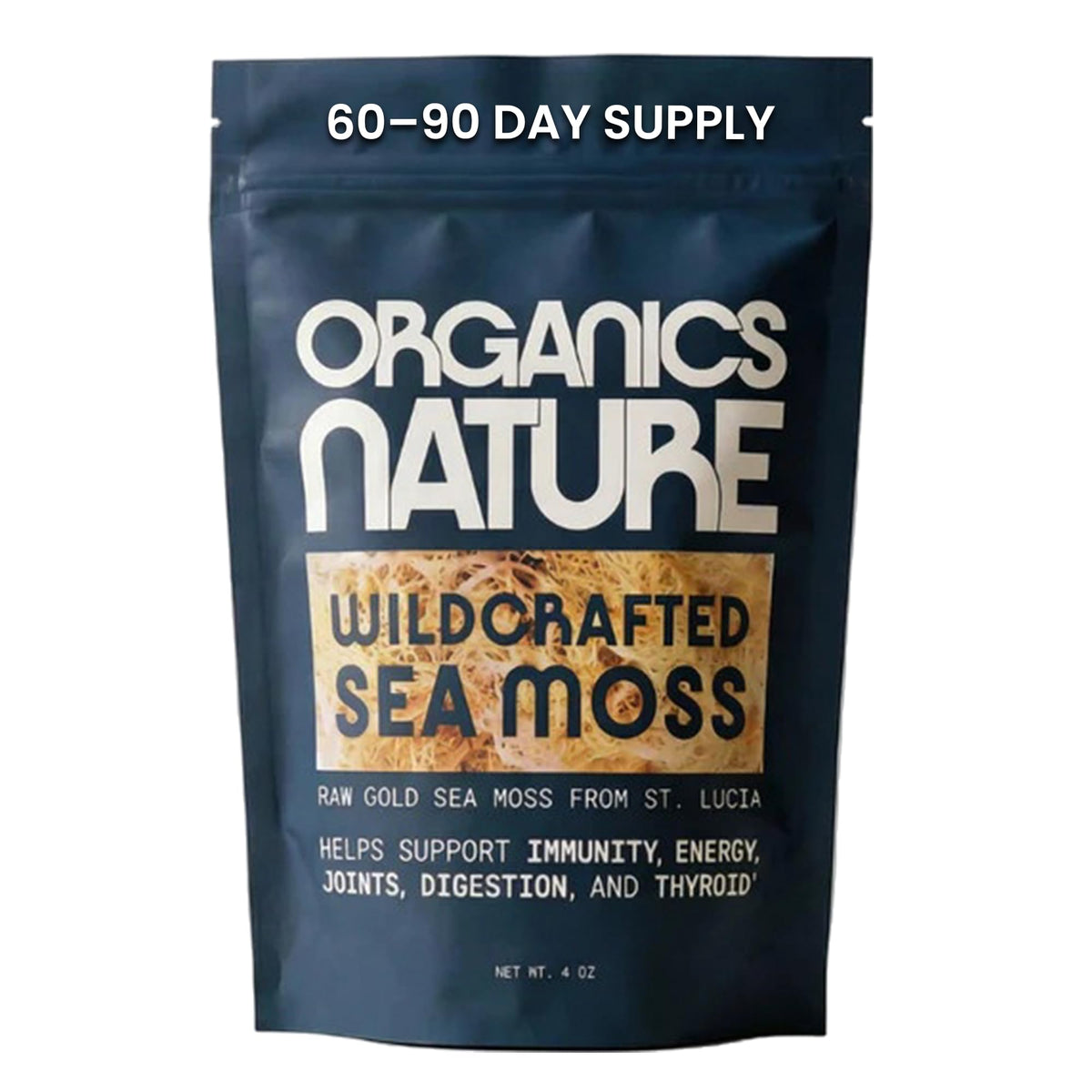 ORGANICS NATURE envase frontal de sea moss muestra producto puro y natural